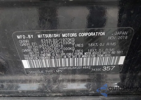 2019 Mitsubishi Outlander Sport 2.0 Es из США, поврежденный, VIN JA4AR3AU5KU014642